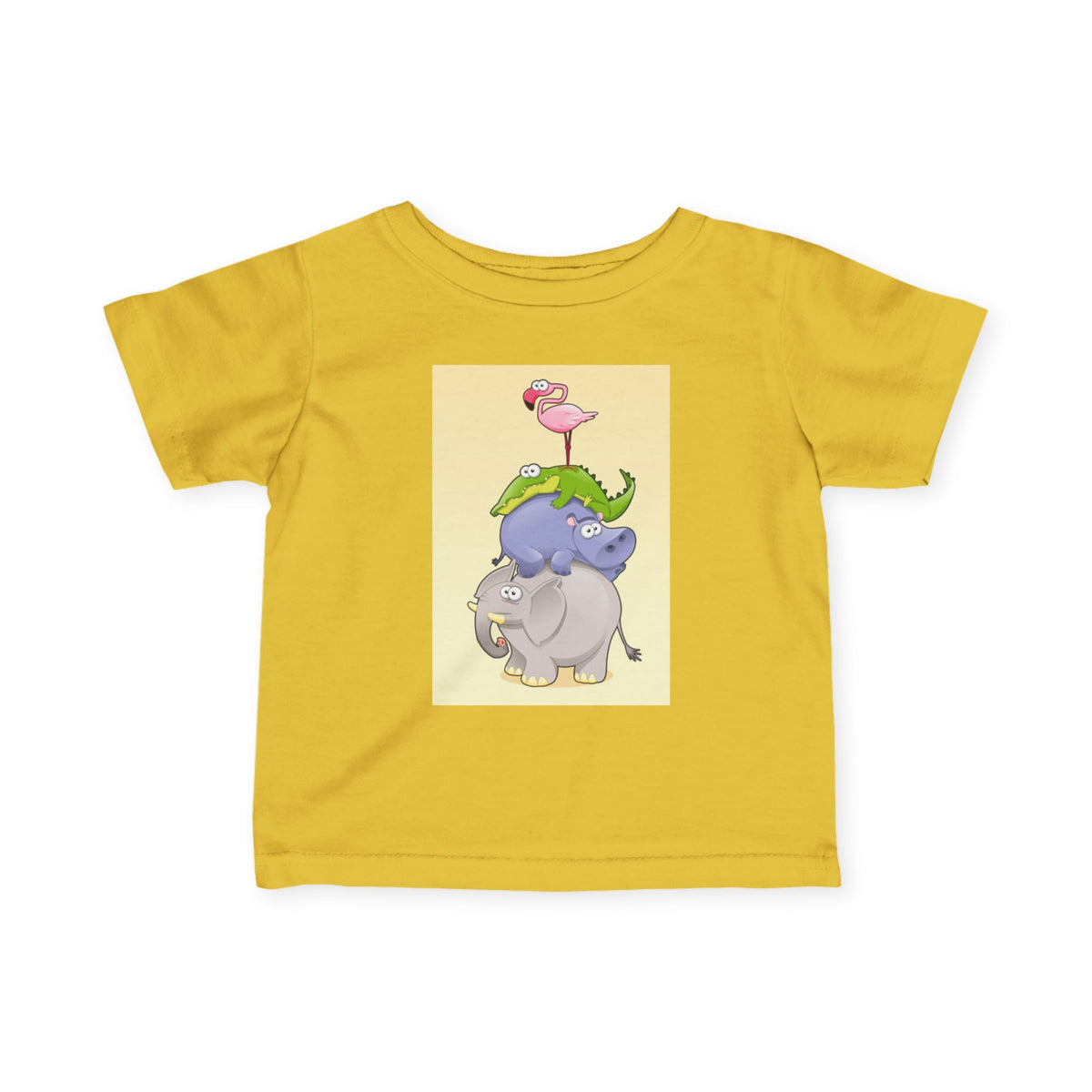 Infant Tee — Cute Stacked Safari Animals Baby Shirt (Elephant, Hippo, Crocodile, Flamingo)