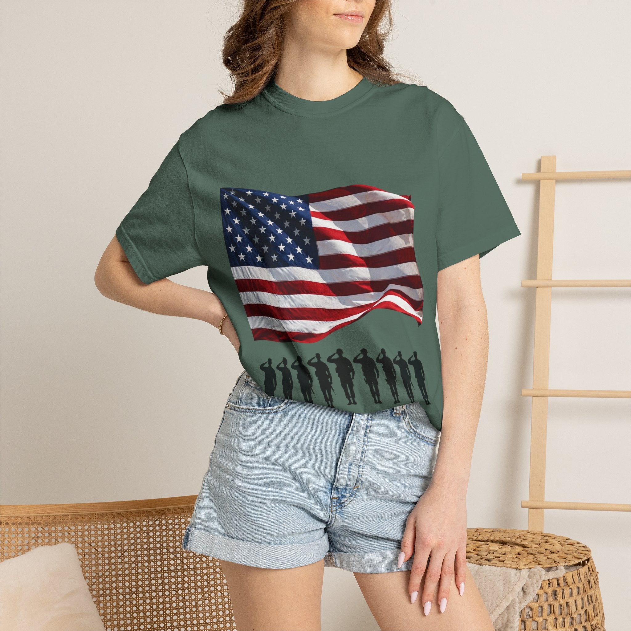 T-Shirt - American Flag with Saluting Soldiers | "Welcome Home!" Military Reunion Tee