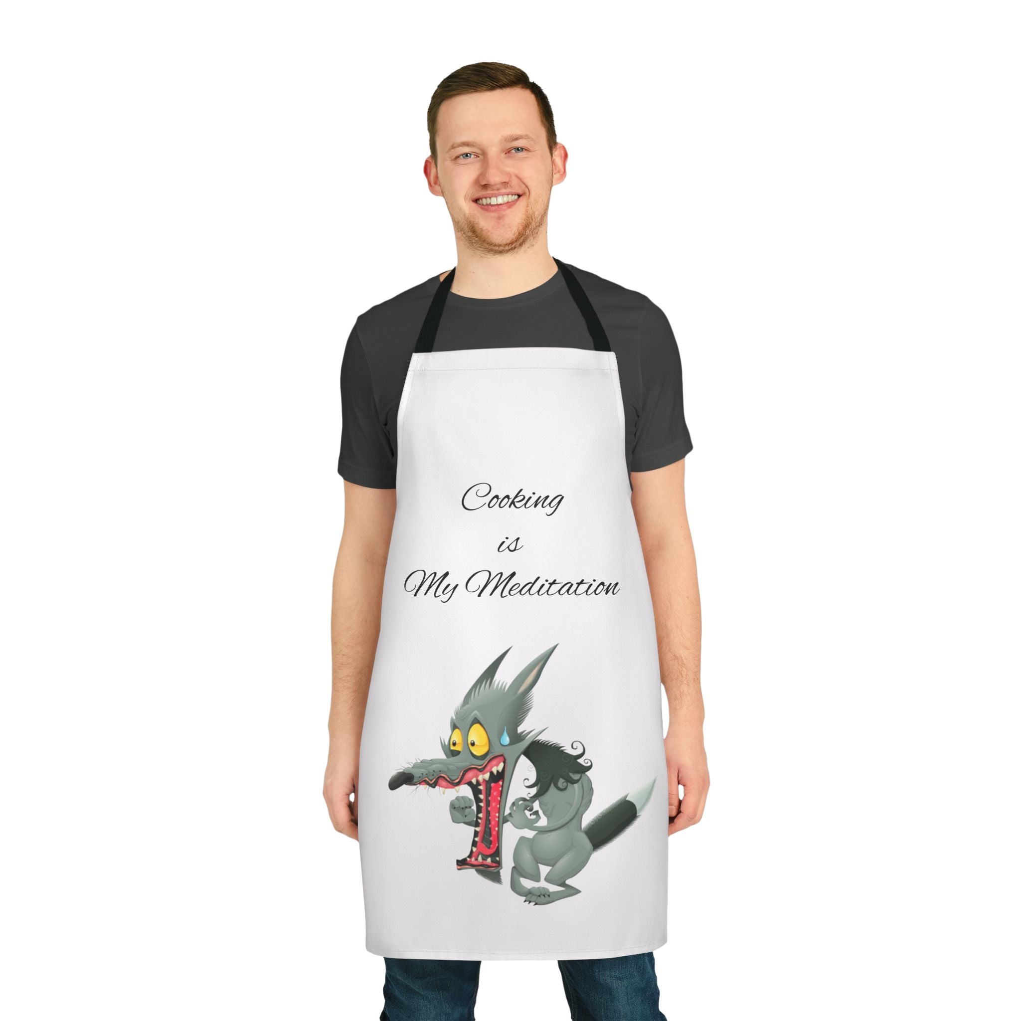Cooking Is My Meditation Apron — Funny Cartoon Wolf Kitchen Apron