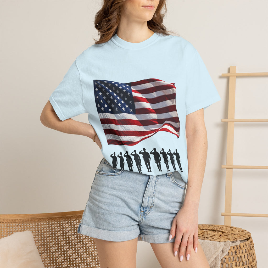 T-Shirt - American Flag with Saluting Soldiers | "Welcome Home!" Military Reunion Tee