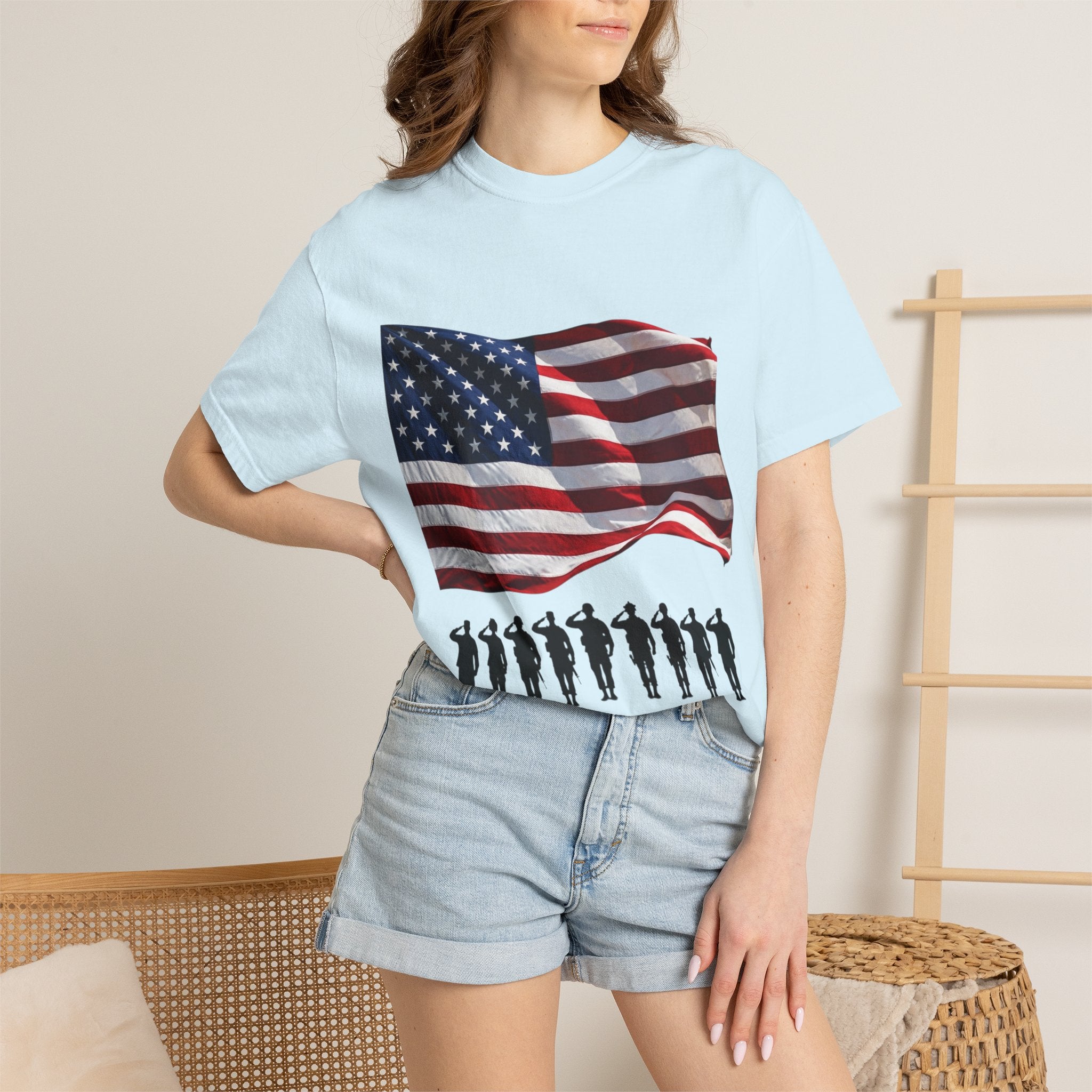 T-Shirt - American Flag with Saluting Soldiers | "Welcome Home!" Military Reunion Tee