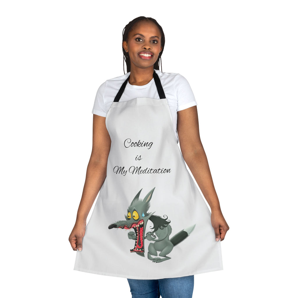 Cooking Is My Meditation Apron — Funny Cartoon Wolf Kitchen Apron