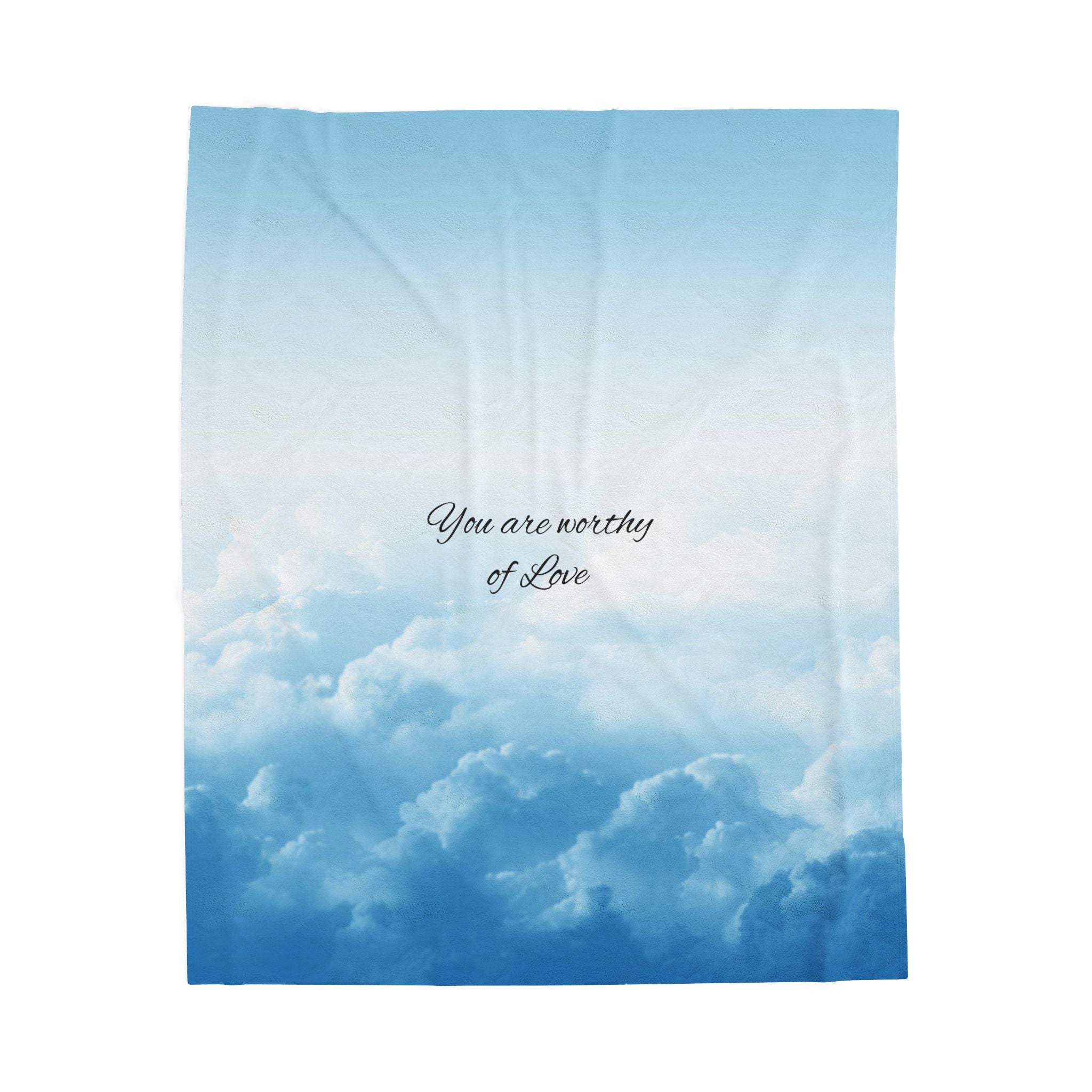 Inspirational Cloud Print Plush Blanket — "You Are Worthy of Love" Velveteen Throw