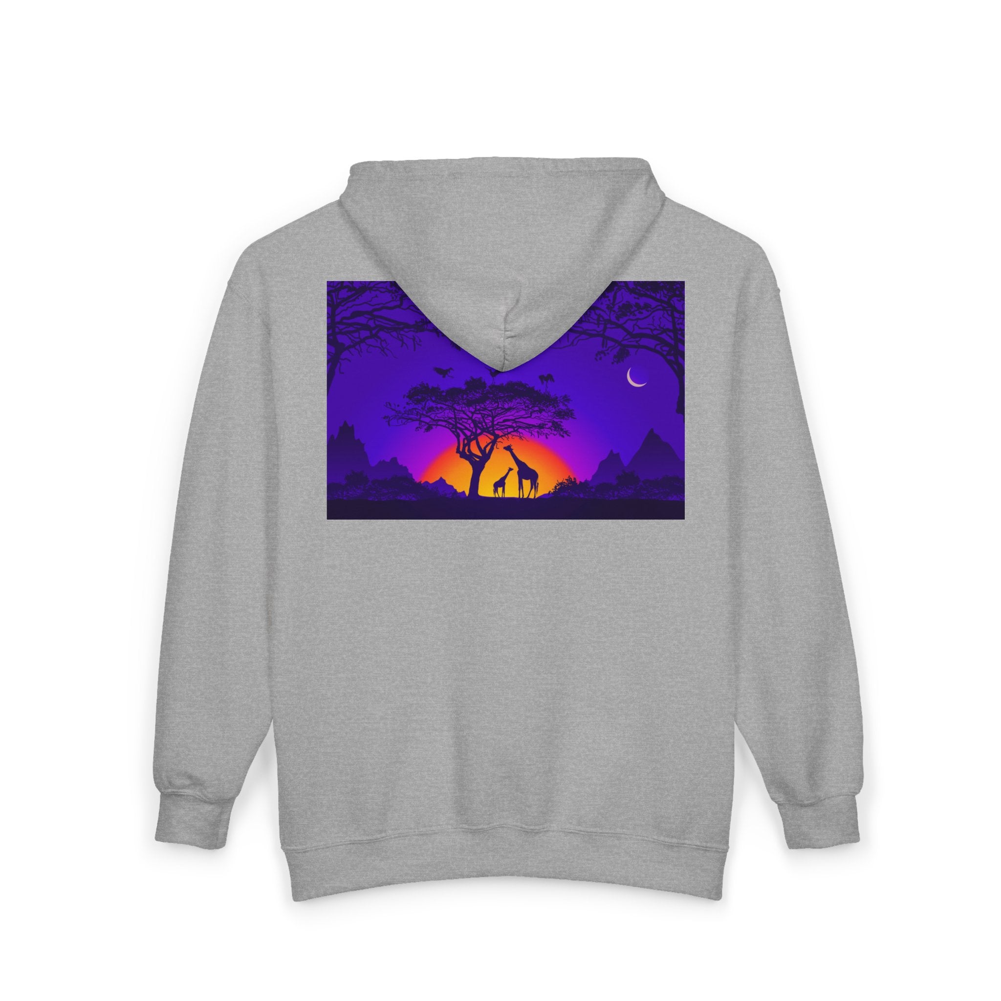 Elephant Sunset Zip Hoodie — Purple Safari Silhouette Full-Zip Sweatshirt