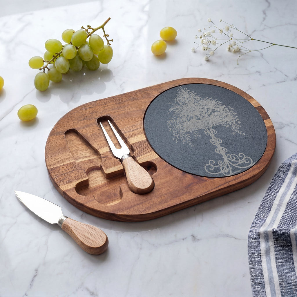 Engraved Acacia Charcuterie Board with Slate Inlay & Cheese Tools — Elegant Tree Design