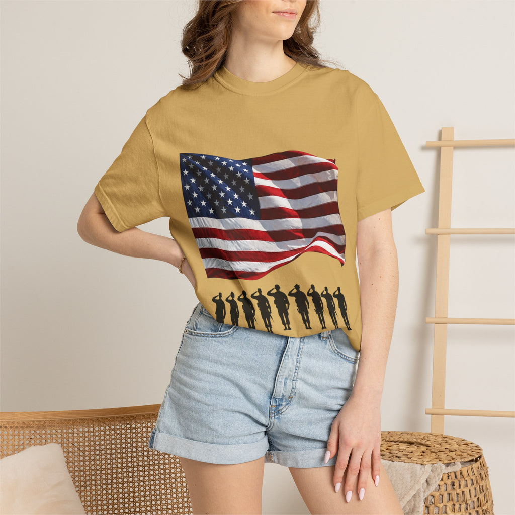 T-Shirt - American Flag with Saluting Soldiers | "Welcome Home!" Military Reunion Tee