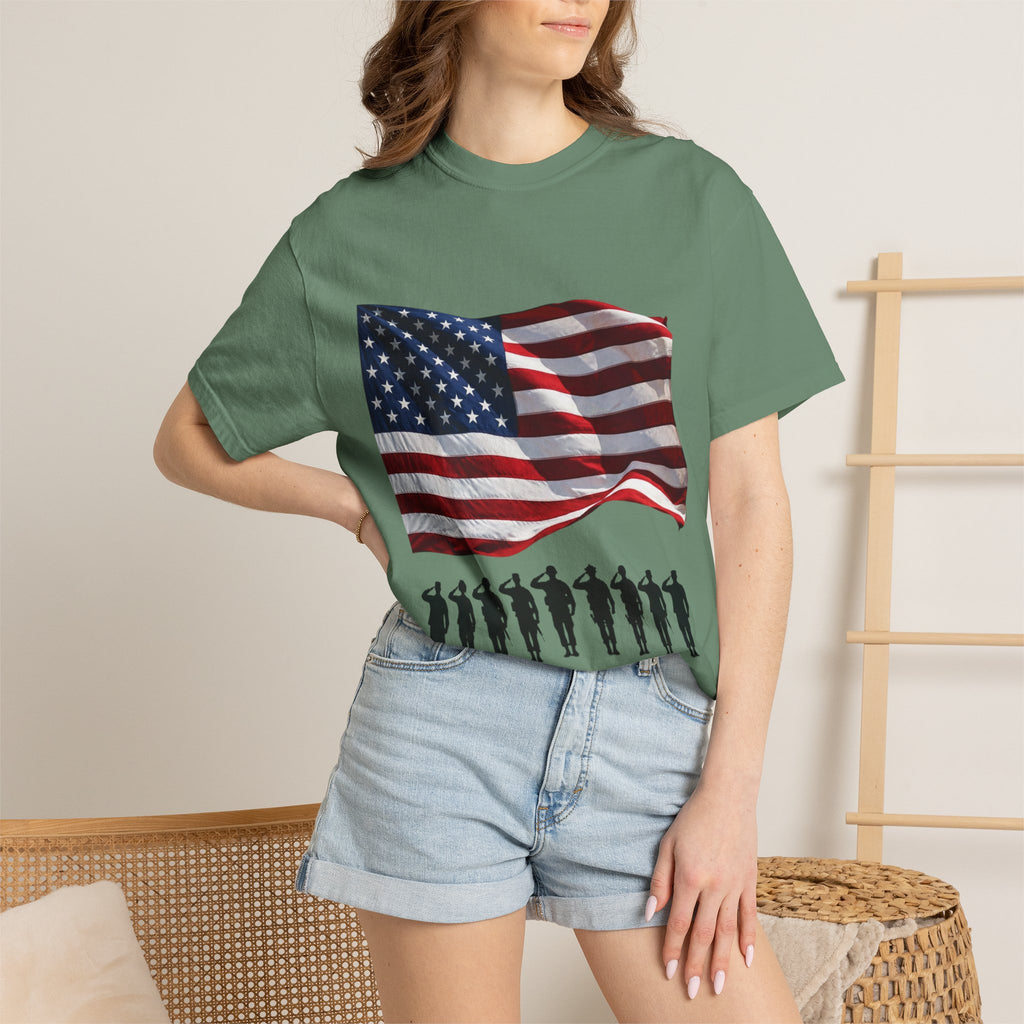 T-Shirt - American Flag with Saluting Soldiers | "Welcome Home!" Military Reunion Tee