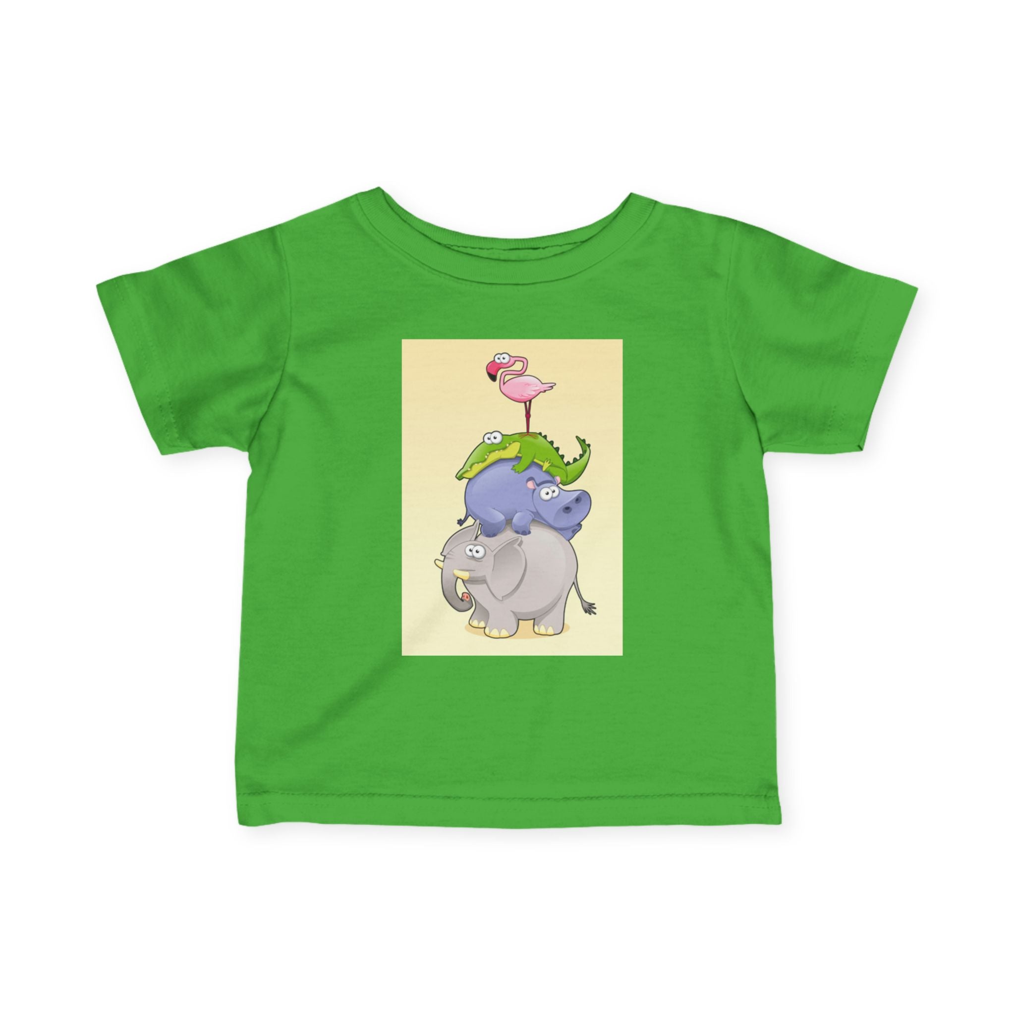 Infant Tee — Cute Stacked Safari Animals Baby Shirt (Elephant, Hippo, Crocodile, Flamingo)
