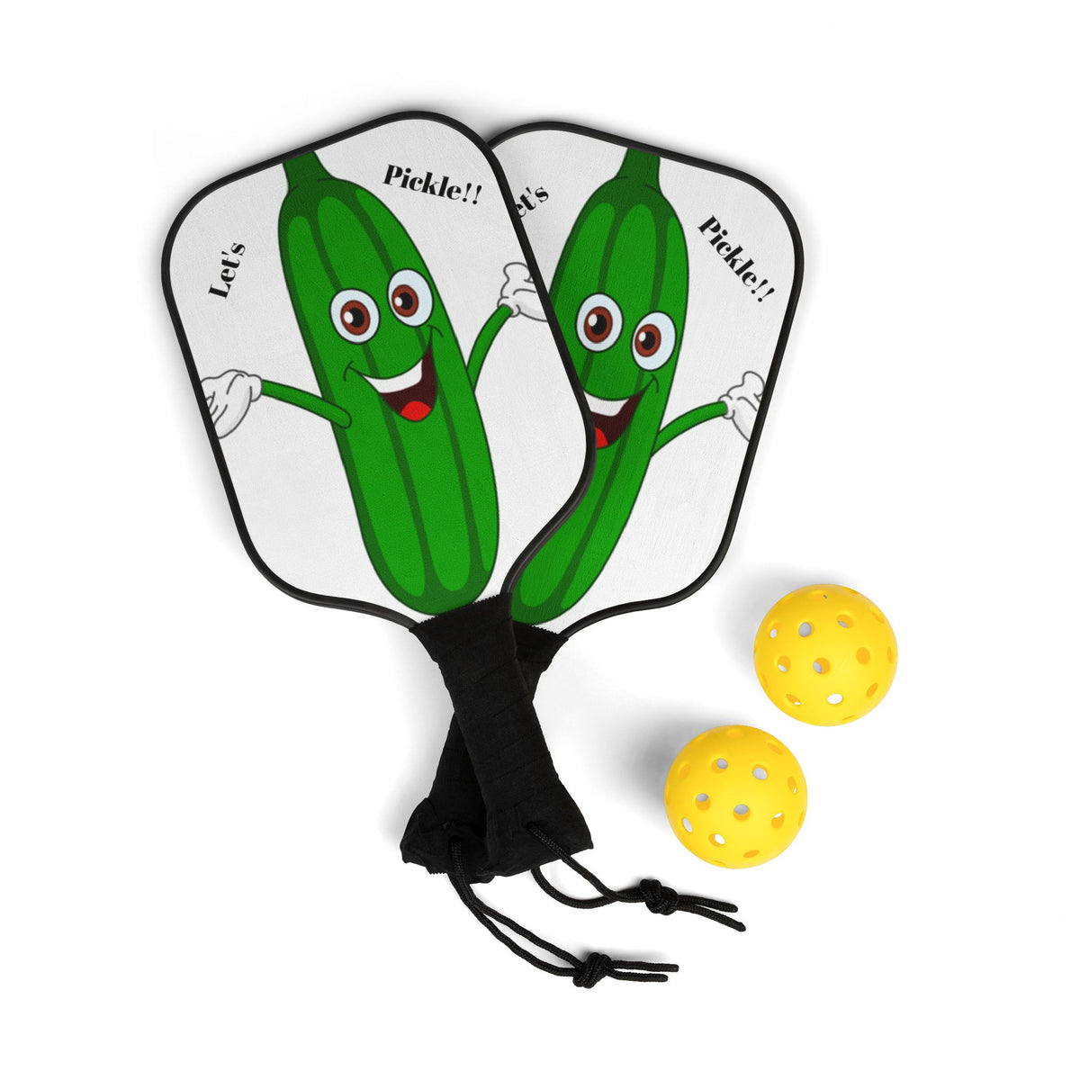 Pickleball Paddle Set — Cute 'Let's Pickle!' Cartoon Pickle Design with 2 Balls