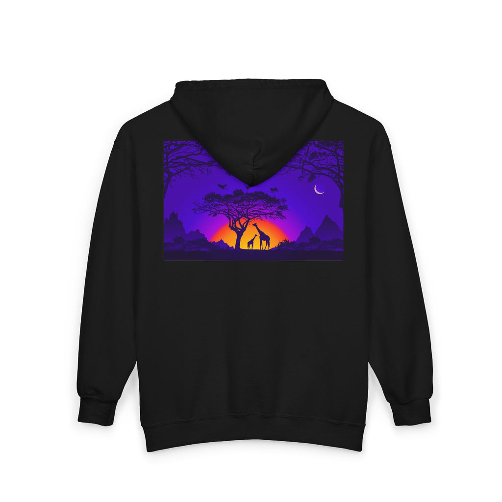 Elephant Sunset Zip Hoodie — Purple Safari Silhouette Full-Zip Sweatshirt