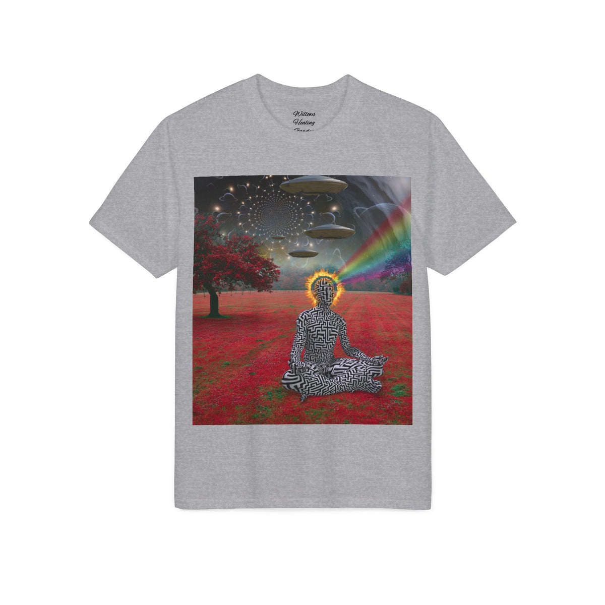 Meditative Buddha UFO T-Shirt — Psychedelic Zen Landscape Tee