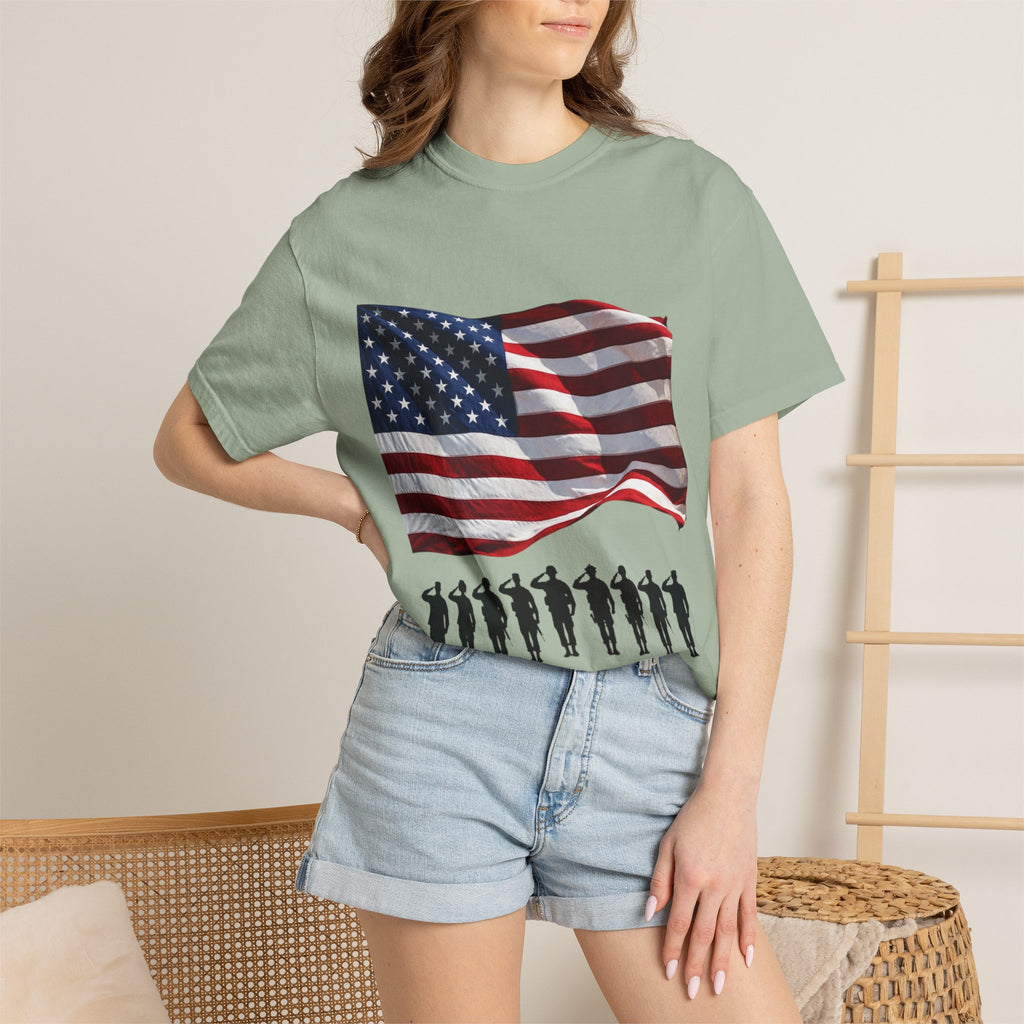 T-Shirt - American Flag with Saluting Soldiers | "Welcome Home!" Military Reunion Tee