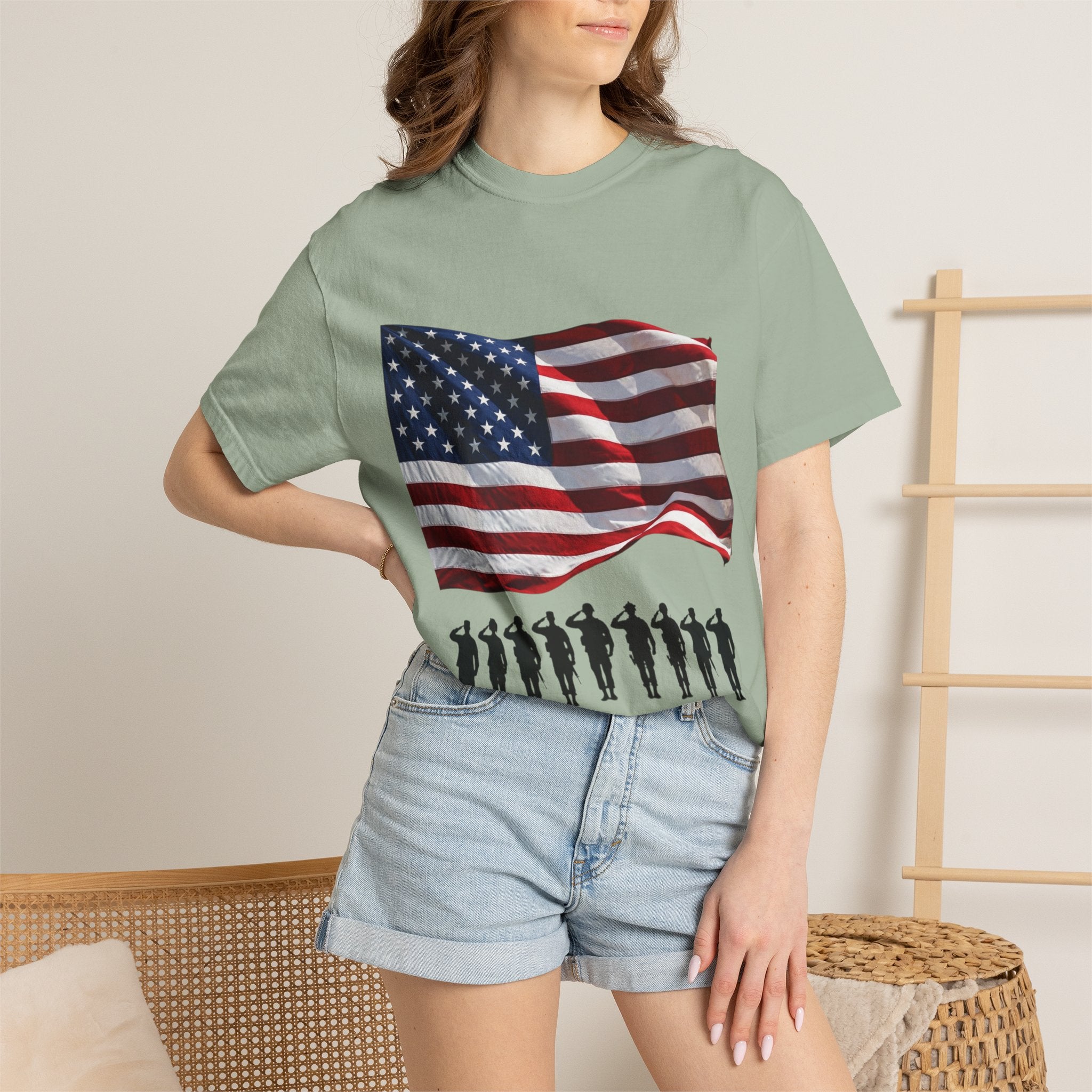 T-Shirt - American Flag with Saluting Soldiers | "Welcome Home!" Military Reunion Tee