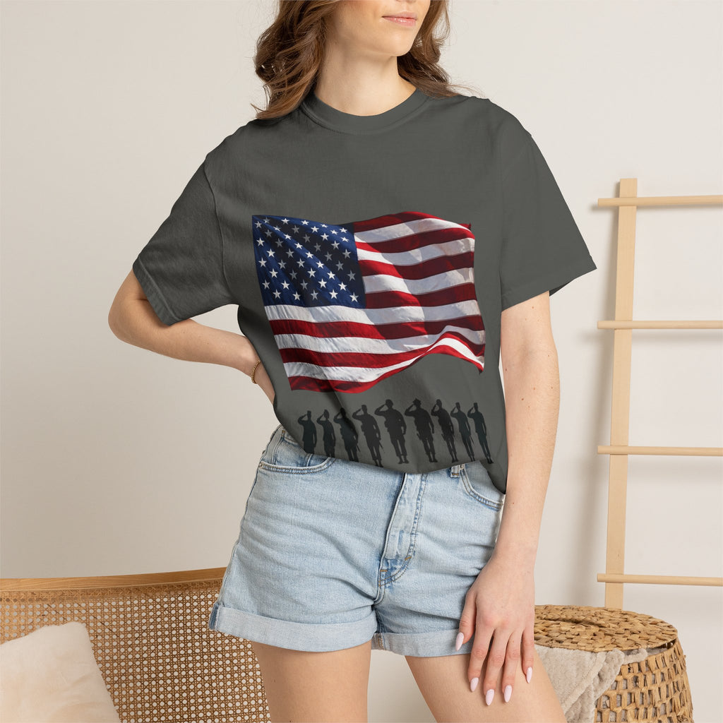T-Shirt - American Flag with Saluting Soldiers | "Welcome Home!" Military Reunion Tee