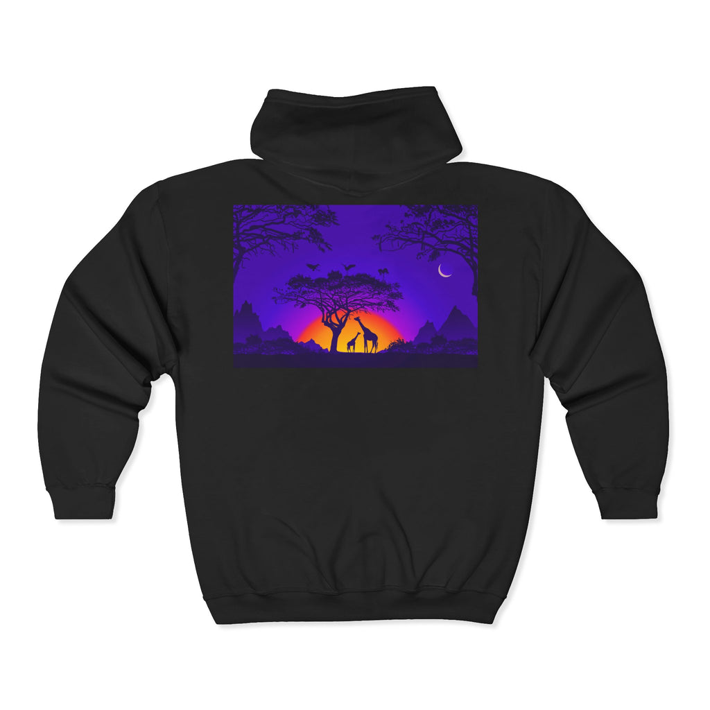 Elephant Sunset Zip Hoodie — Purple Safari Silhouette Full-Zip Sweatshirt
