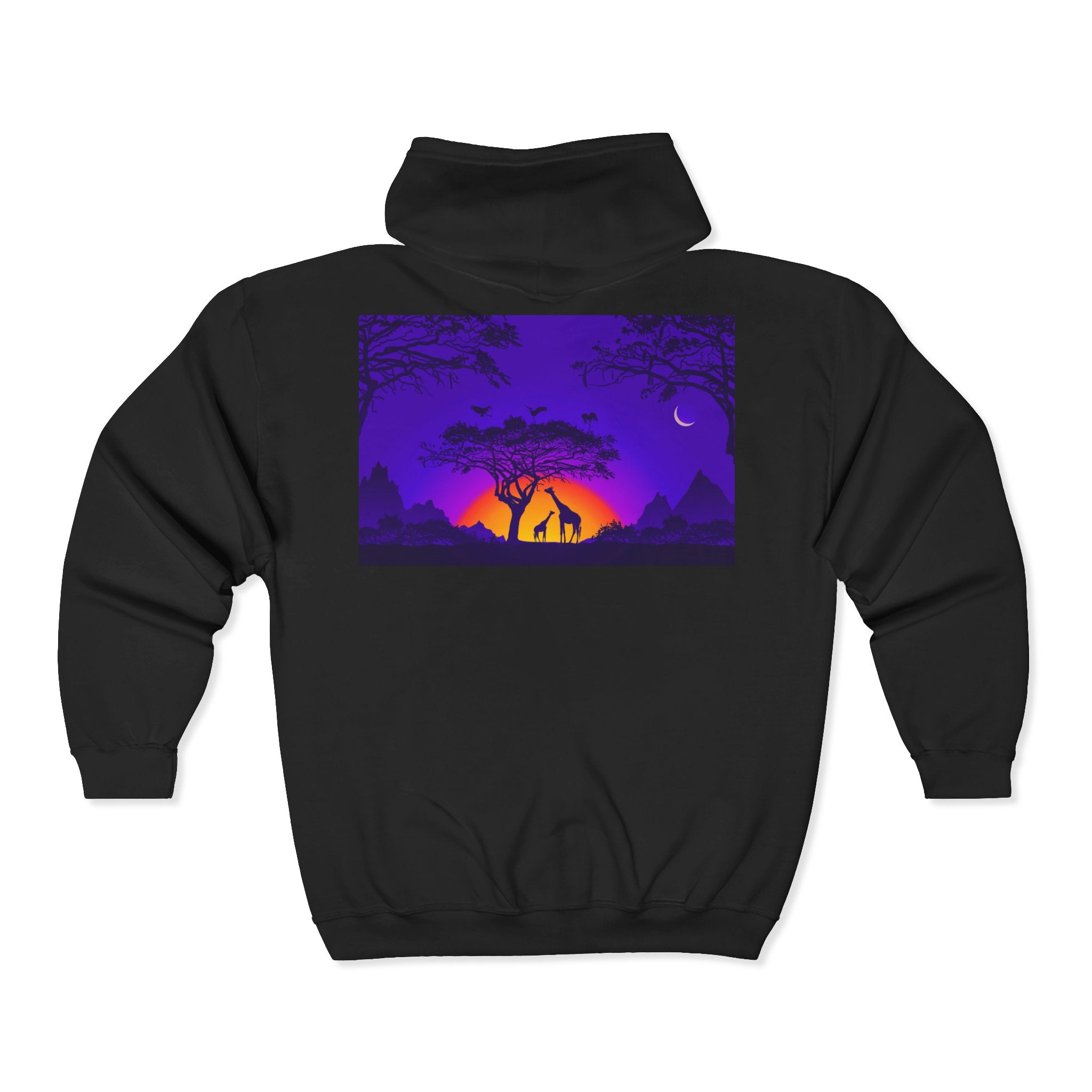 Elephant Sunset Zip Hoodie — Purple Safari Silhouette Full-Zip Sweatshirt