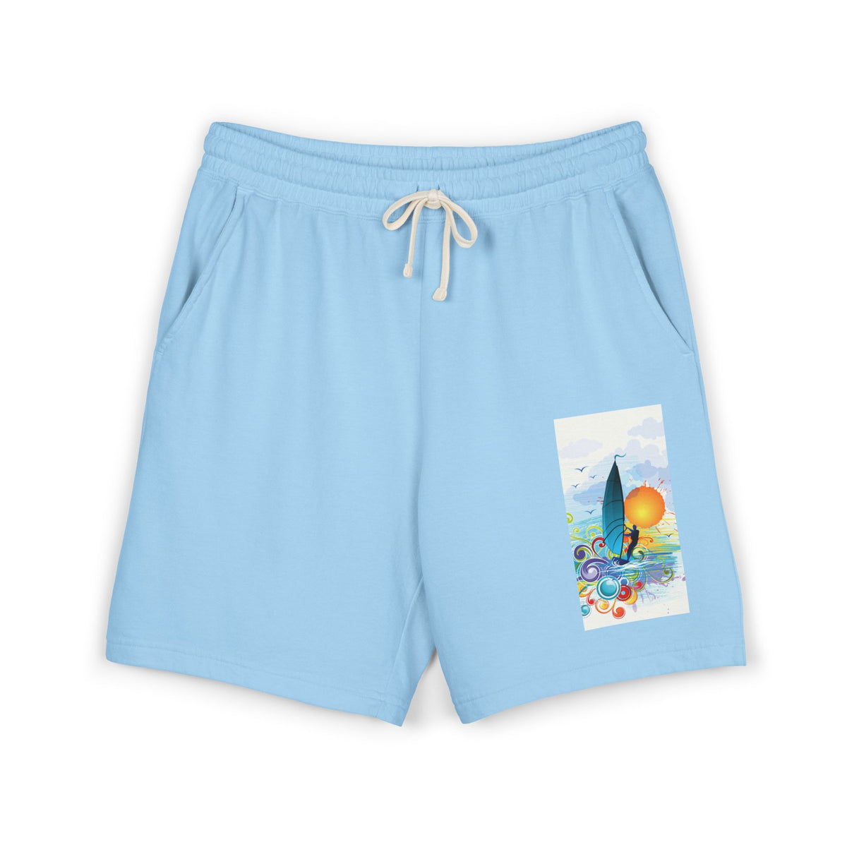 Surf Sunset Sweat Shorts — Lightweight Fleece Beach Graphic Shorts