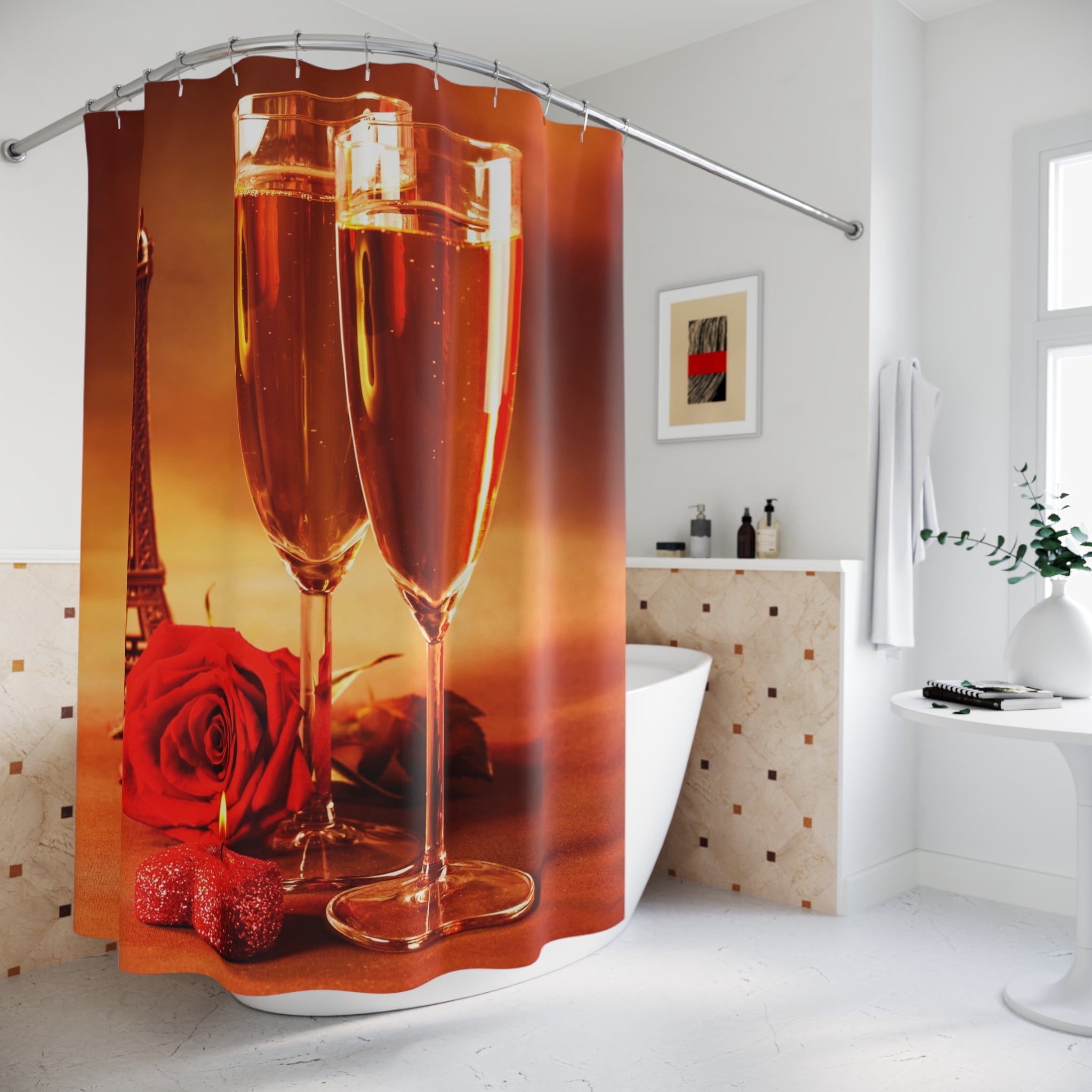 Romantic Paris Champagne Shower Curtain — Eiffel Tower, Rose & Candle Decor